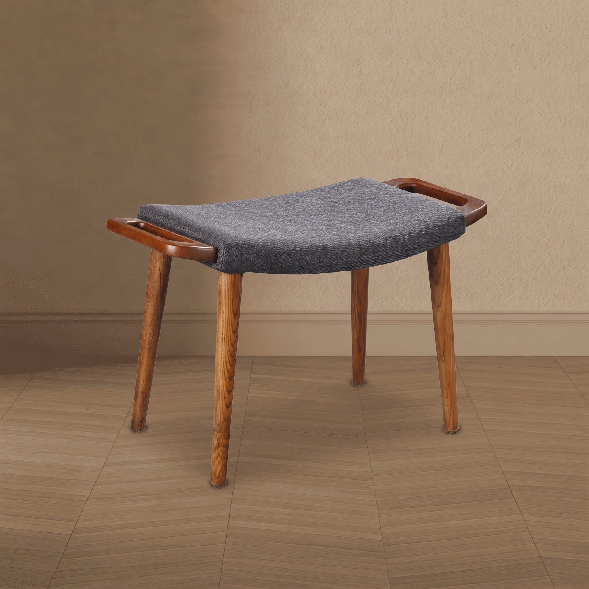 Geta Wood Linen Weave Accent Ottoman in Charcoal